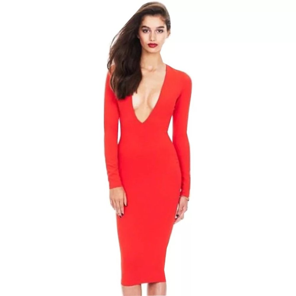 Red Deep V Cut Dress